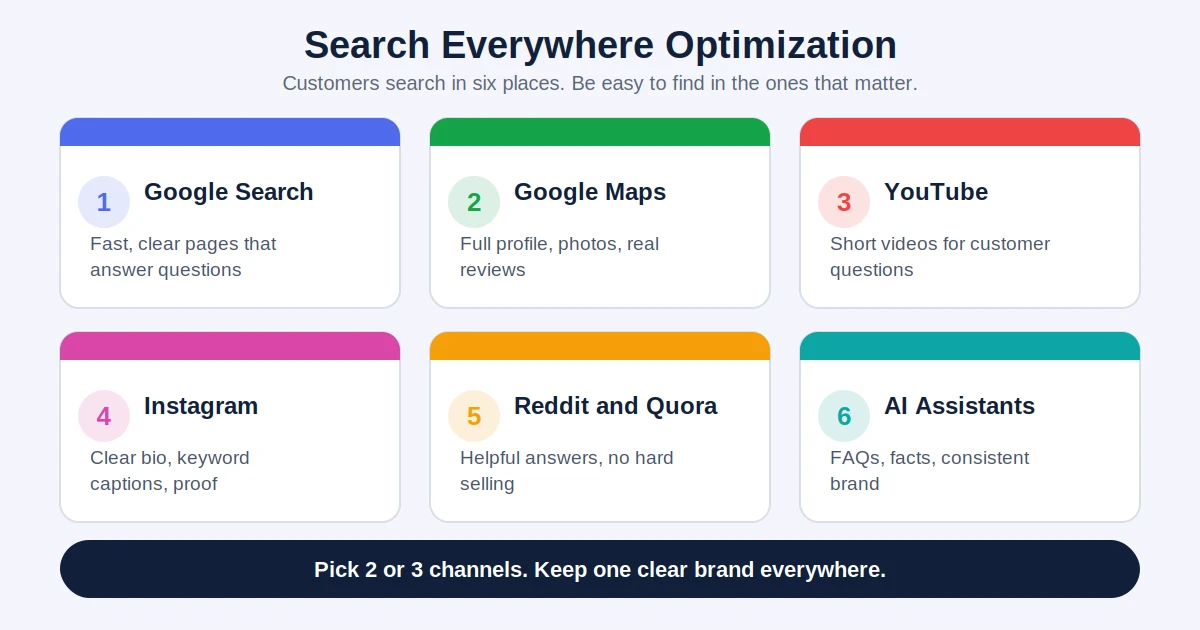 Search everywhere optimization infographic showing six places customers search: Google, Maps, YouTube, Instagram, communities and AI assistants