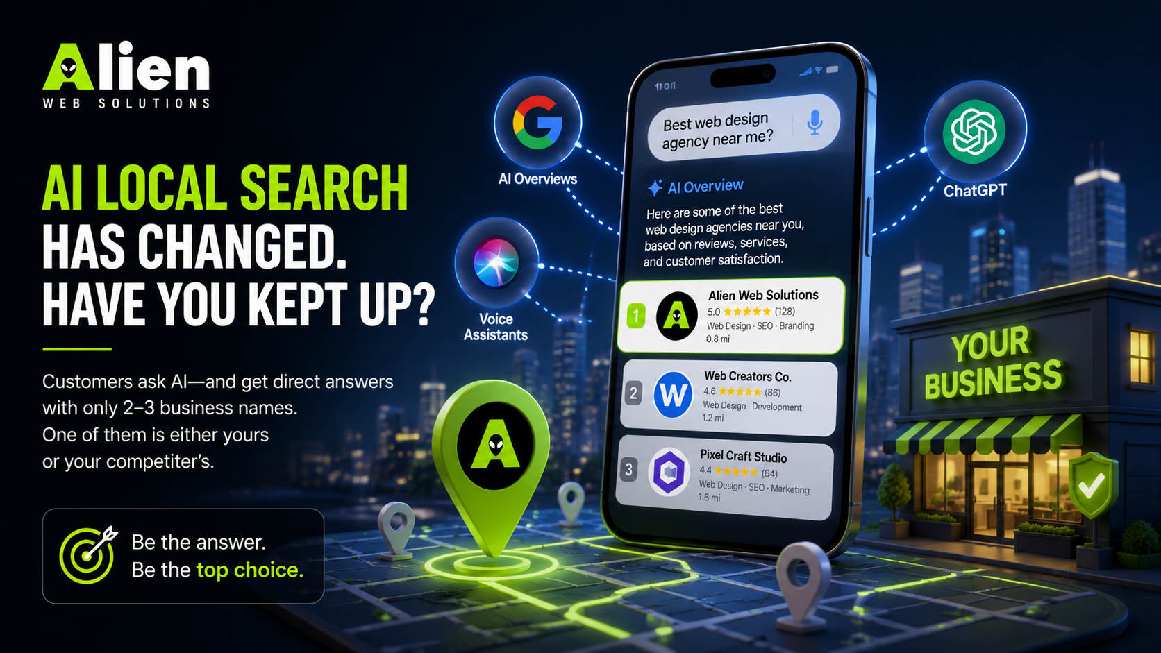 AI local search showing how Google Maps AI, voice search, and AI Overviews change local SEO for small businesses across India and global markets — future local SEO strategy
