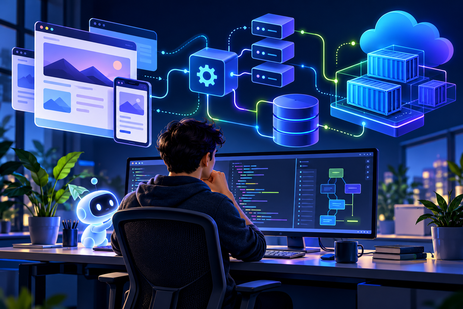 Illustration of frontend, backend, APIs, database and cloud deployment connected in a full-stack application
