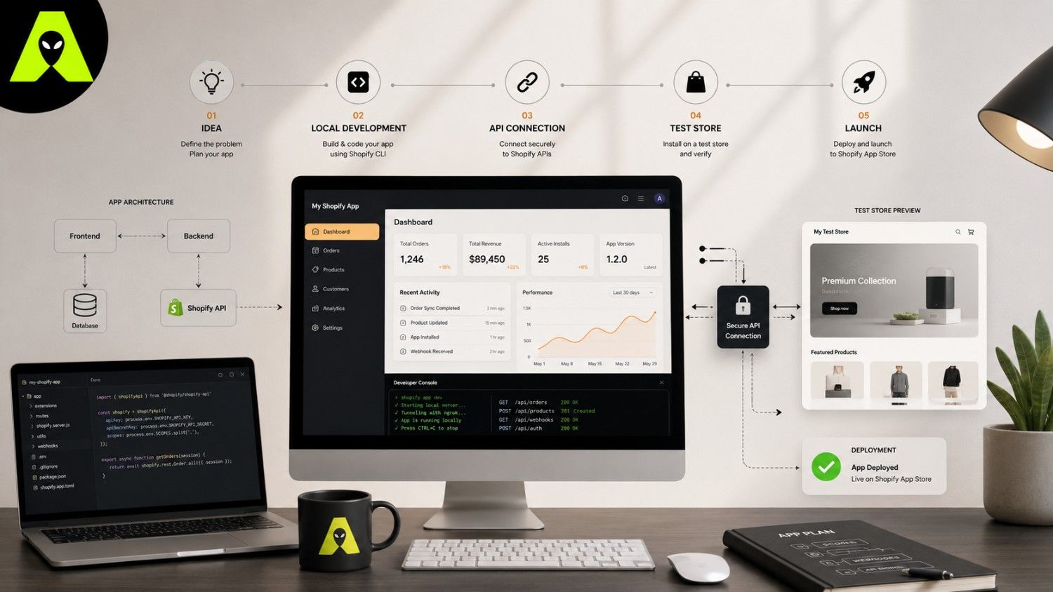 Shopify app development process showing Shopify CLI, Dev Dashboard, and API steps used to build a custom app